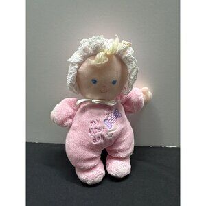Small Wonders Soft Baby Doll "My First Doll" Pink Plush 10" With Lace Bonnet & E